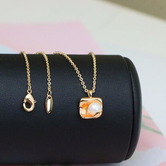 "Rose Gold Necklace with Modern Square Pendant and Pearl Accent, XPNL1885 - Picture 7 of 13